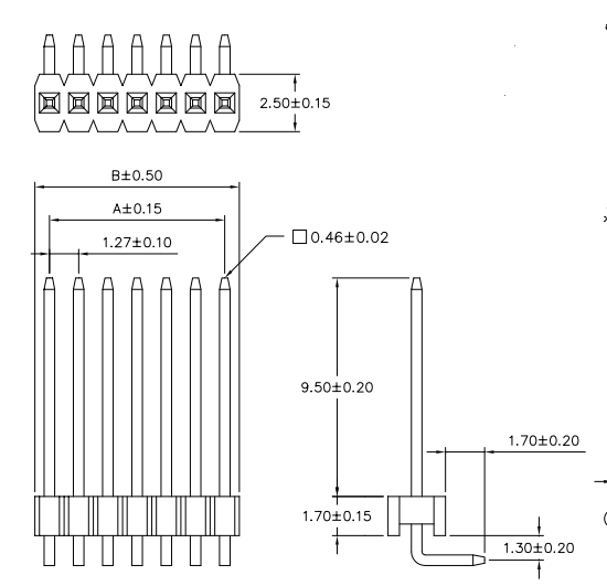 Pitch 1.27mm/DIP Header/Single type/Straight H:  S1: 2.54mm, S2: 3.0mm, S3: 1.7mm, S4: 3.40mm, S5: 3.95mm, S6: 2.0mm, S7: 5.30mm/Right Angle