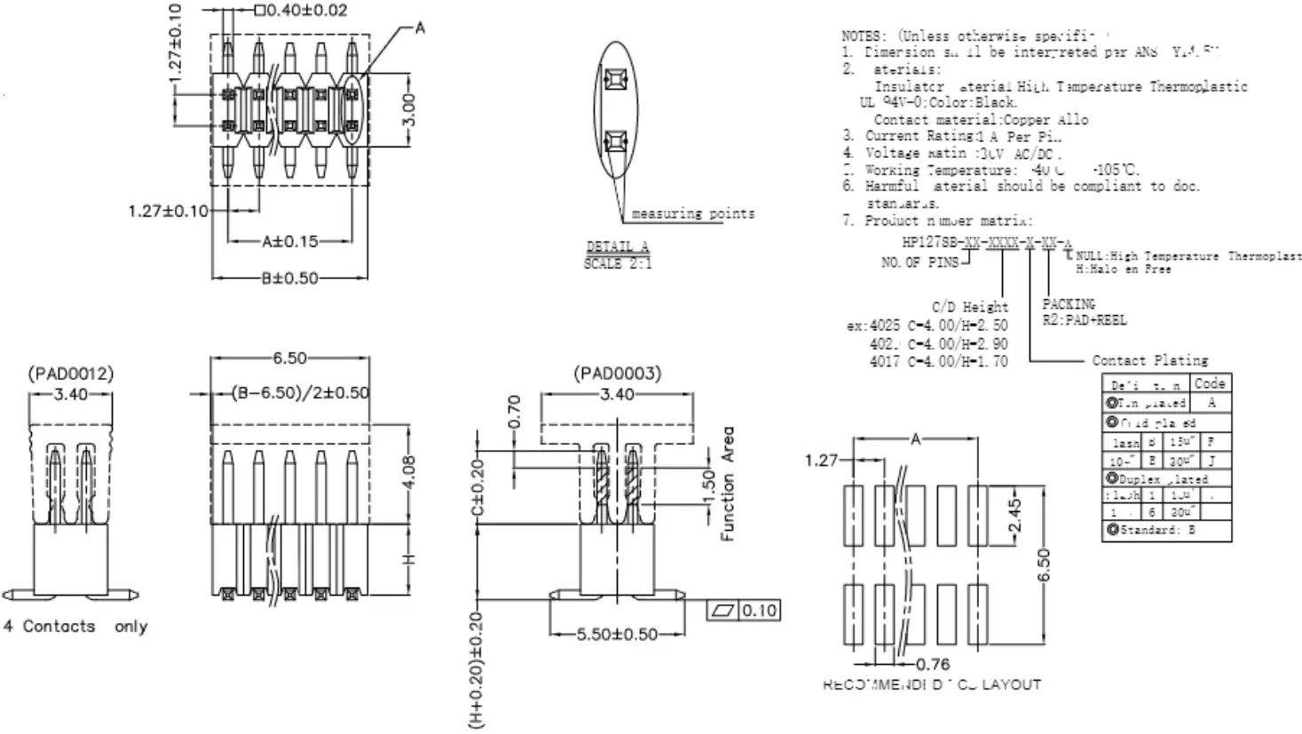 Pitch 1.27mm SMD Double Header/H: S1-2.50mm, S2-2.90mm, S3-1.70mm
